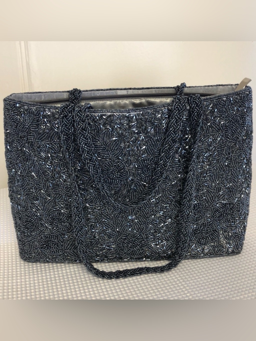 Silver Beaded Bag Braided Double Handle 3-D Floral Pattern Satin Lined 12”X8”X3”